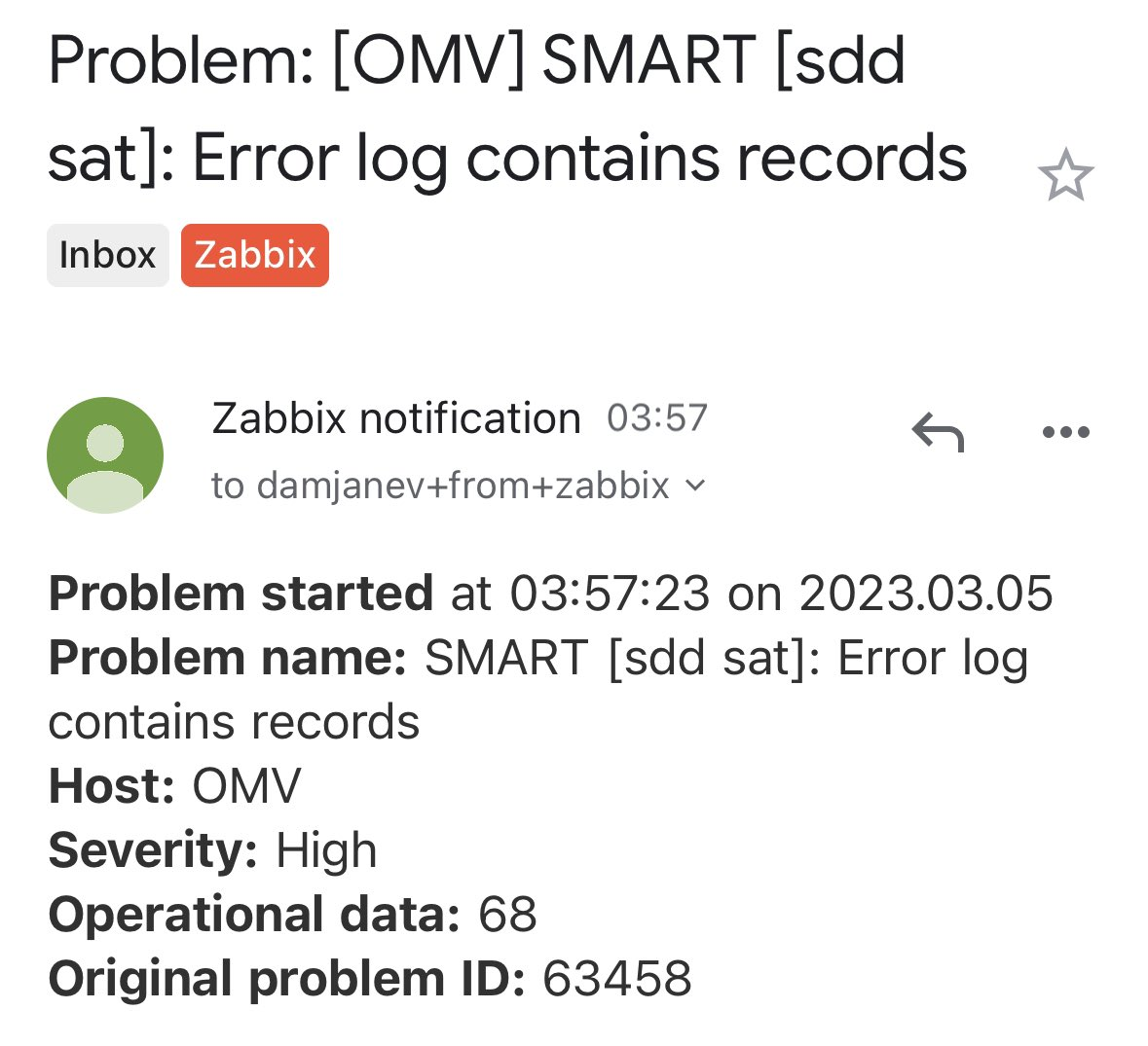 Zabbix e-mail notification: Problem: SMART [sdd sat]: Error log contains records