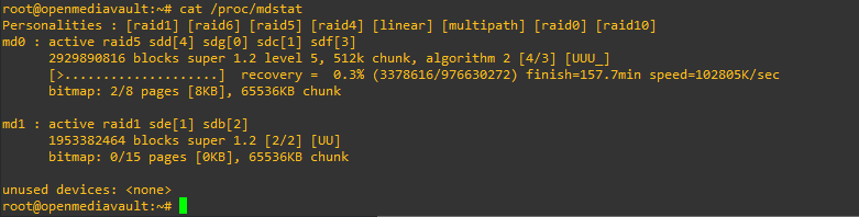 Output from "cat /proc/mdstat" showing that a rebuild of md0 is in progress