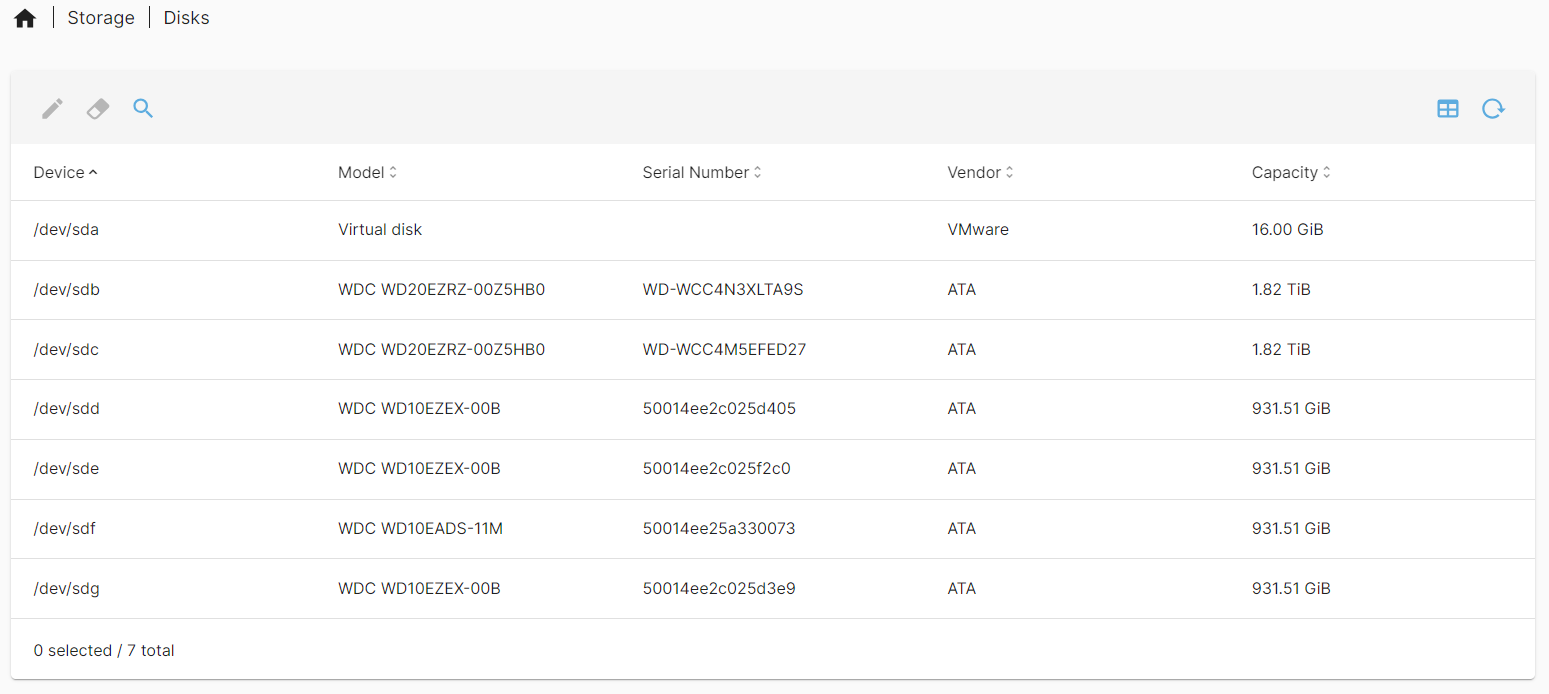 Openmediavault: Storage -> Disks showing 1 VMware virtual disk and 6 physical