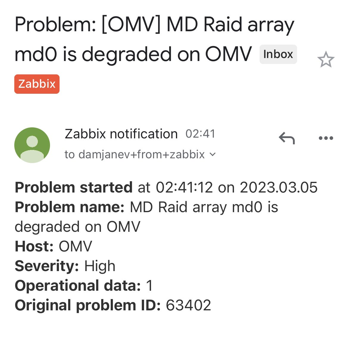Zabbix e-mail notification: Problem: [OMV] MD Raid array md0 is degraded on OMV