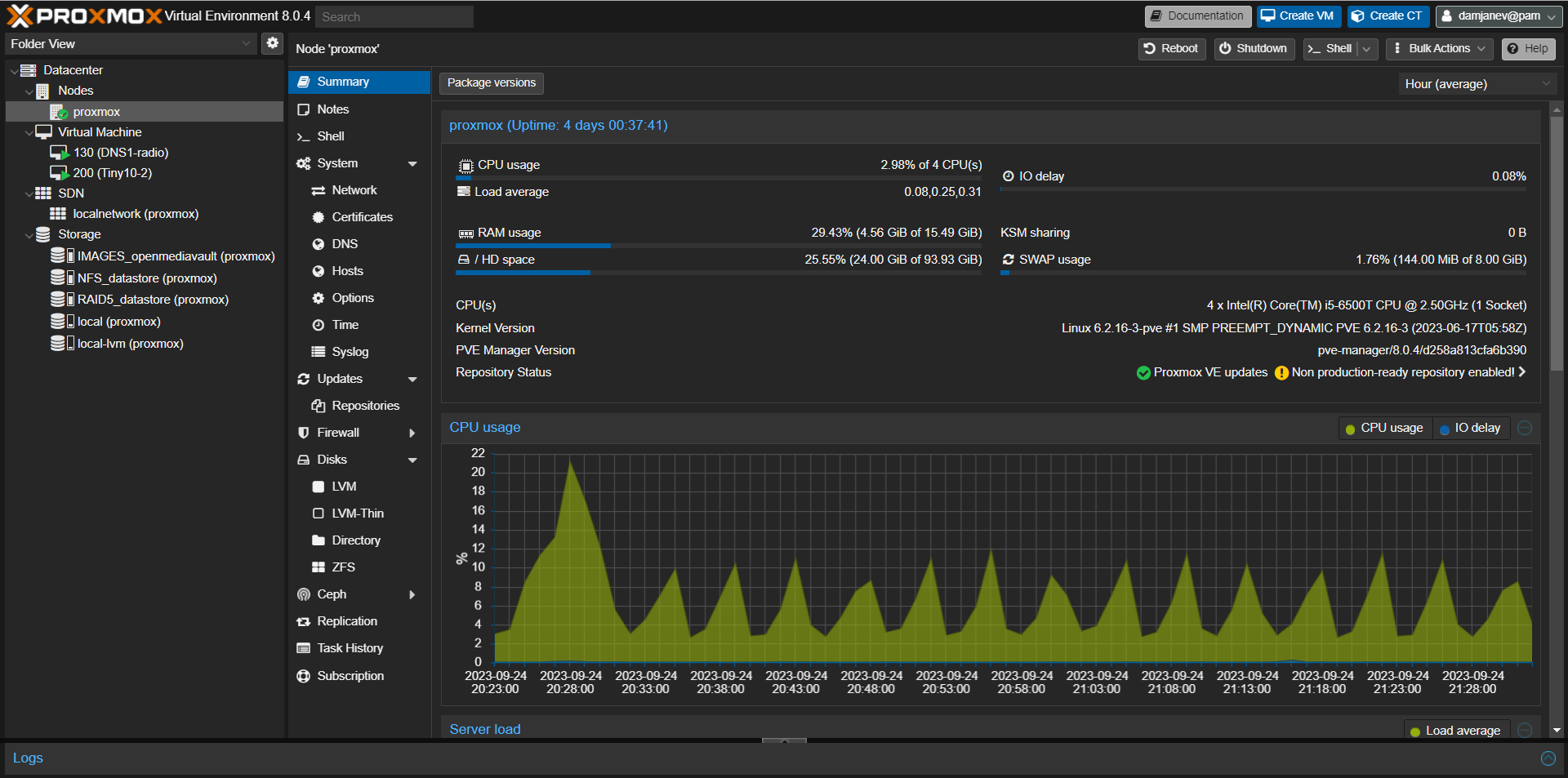 Proxmox management console