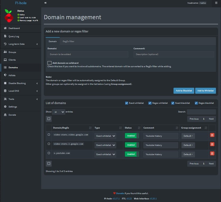 Pi-Hole admin interface: Domain management